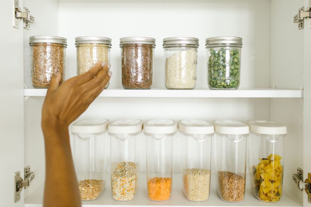 Dry pantry foods stored in sealed glass containers